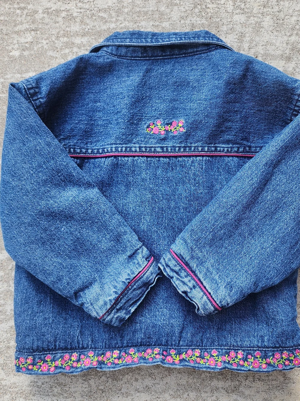 VTG Sesame Street Y2K Kid Girl Blue Denim Jacket, Pink Floral Cottage Trim Sz 3T
